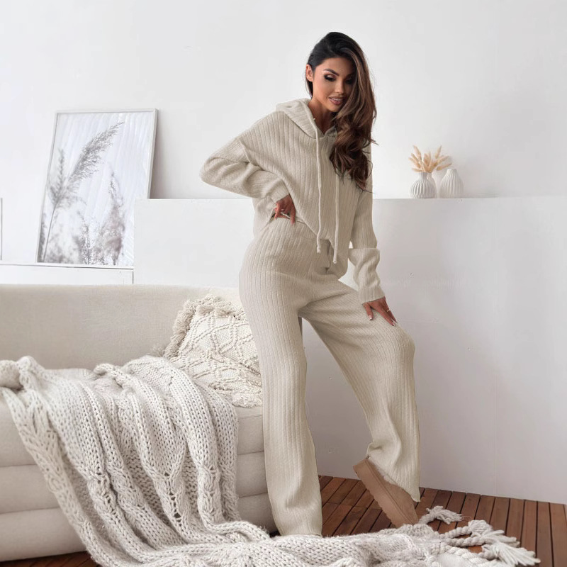 Solid Color Hooded Knitted Lounge Set for Women – Autumn Winter Two-Piece Outfit