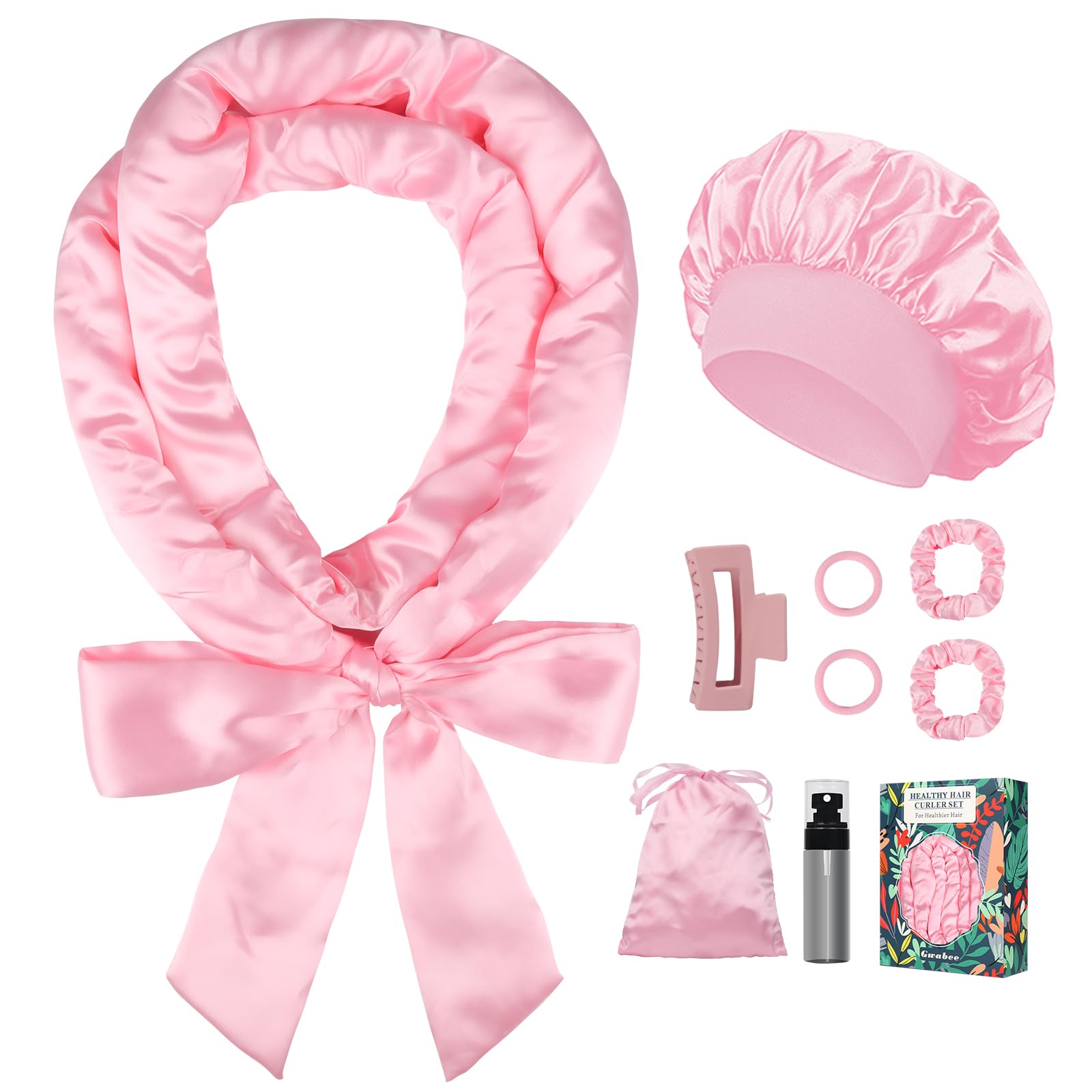 Satin Heatless Curls Overnight Hair Curlers to Sleep In Hair Curler Rollers No Heat Hair Wrap for Curls Headband 70" Satin Heatless Curling Rod Set for Women Long Waves Hair Volume -Pink 9PCS
