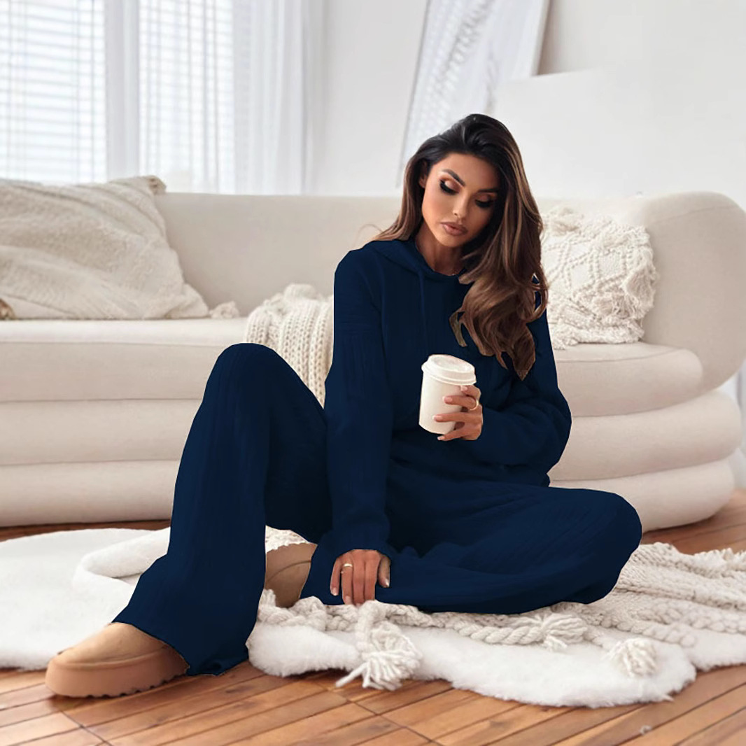 Solid Color Hooded Knitted Lounge Set for Women – Autumn Winter Two-Piece Outfit